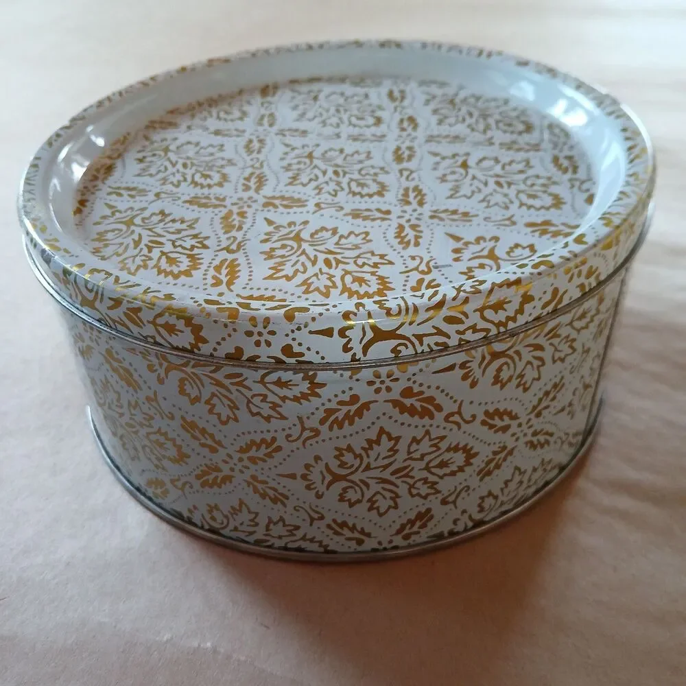 Vintage Container Tin Round Storage Box White & Gold Cottagecore Holiday